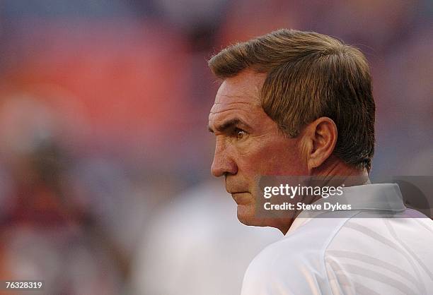 Head coach Mike Shanahan of the Denver Broncos looks on during the game against the Cleveland Browns on August 25, 2007 at Invesco Field at Mile High...