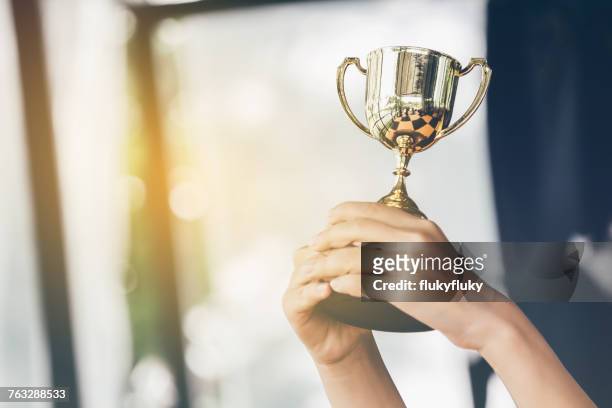 cropped hands holding trophy - trophy award stock pictures, royalty-free photos & images