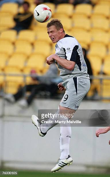 Daniel Allsopp of the Victory heads the ball during the round one Hyundai A-League match between Wellington Phoenix and Melbourne Victory at Westpac...