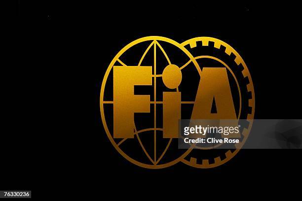 View of the Federation International De L'Automobile logo on the official FIA motorhome in the paddock after Qualifying for the F1 Grand Prix of...