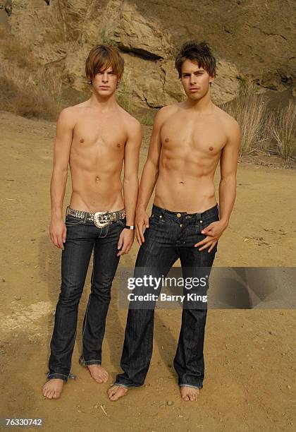 Janice Dickinson Modeling Agency Models Grant Whitney Harvey and Brian Kehoe pose at photo shoot in Griffith Park on August 25, 2007 in Los Angeles,...