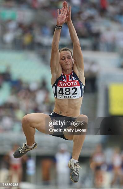 Kelly Sotherton of Great Britain competes in the Long Jump during the Women's Heptathlon on day two of the 11th IAAF World Athletics Championships on...