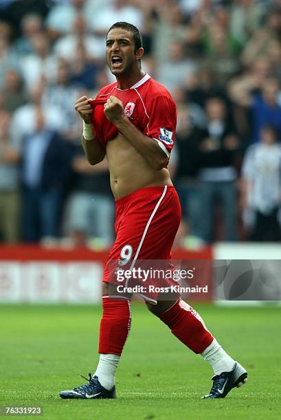 Mido of Middlesbrough celebrates scoring the first goal during the Barclays Premier League match between Middlesbrough and Newcastle United at The...