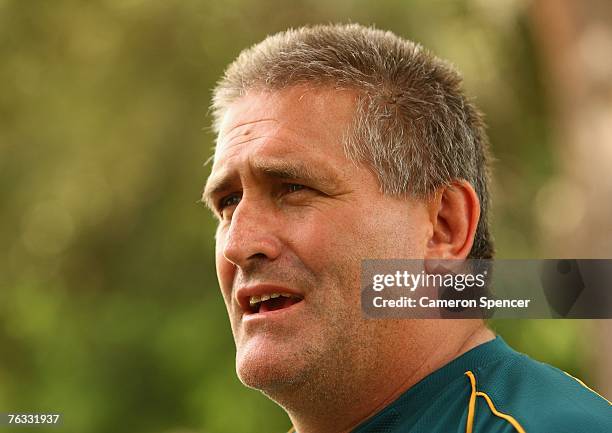 Wallabies assistant coach Scott Johnson talks to media during a Wallabies RWC Press Conference at Browns Sports and Leisure Club August 26, 2007 in...