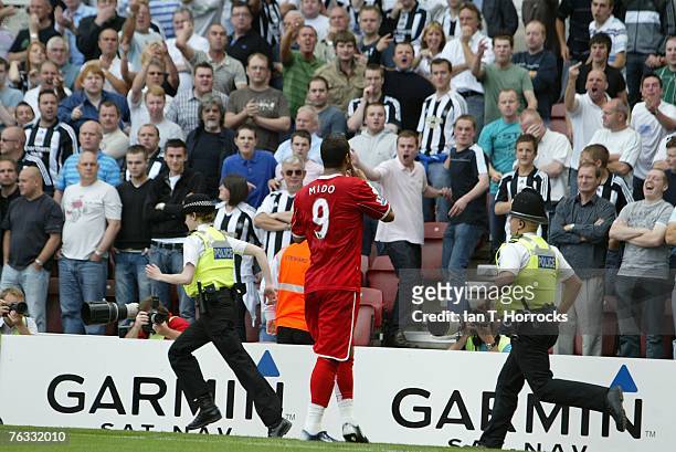 Mido celebrates in front of the Newcastle fans after he scored Middlesbrough's first goal during a Premier League game between Middlesbrough and...