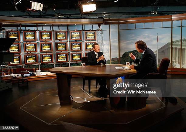 Lance Armstrong speaks during a taping of 'Meet the Press' with host Tim Russert August 24, 2007 at the NBC studios in Washington, DC. Armstrong...