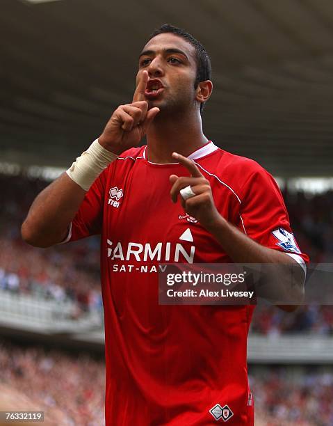 Mido of Middlesbrough celebrates after scoring the equalizing goal during the Barclays Premier League match between Middlesbrough and Newcastle...