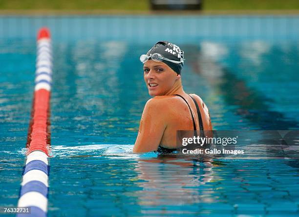 Swimmer Charlene Wittstock pauses during a training session on December 2, 2006 in Richards Bay, South Africa.