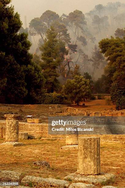 Fire rages close to an archaeological site August 26, 2007 in Ancient Olympia, Greece. More than 50 people have now been confirmed dead in the fires...