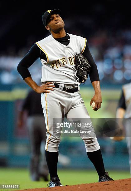 Damaso Marte of the Pittsburgh Pirates shows his dejection after giving up a double to Luke Scott of the Houston Astros in the eighth inning August...