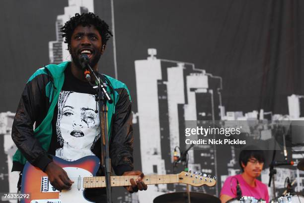 Singer and guitarist Kele Okereke of Bloc Party performs at the Leeds Festival on August 26, 2007 in Leeds, England.