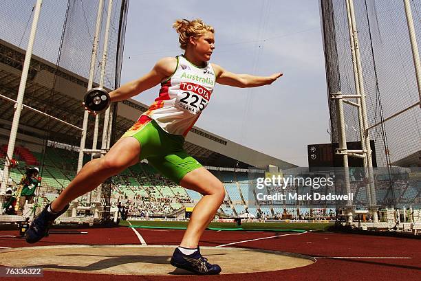 Dani Samuels of Australia competes during the Women's Discus Throw qualifications on day three of the 11th IAAF World Athletics Championships on...