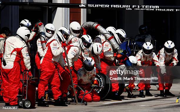 The Super Aguri F1 pit crew wait during the F1 Grand Prix of Turkey at Istanbul Park on August 26 in Istanbul, Turkey.