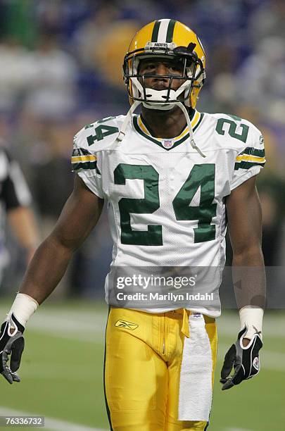 Jarrett Bush of the Green Bay Packers during a game between the Minnesota Vikings and Green Bay Packers at the Metrodome in Minneapolis, Minnesota on...