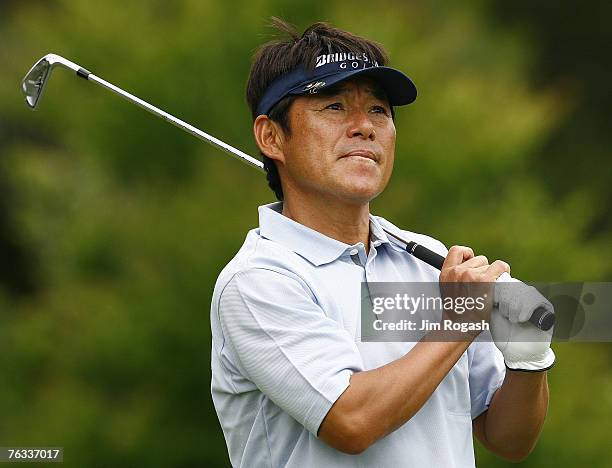 Joe Ozaki drives from the 2nd tee during the first round of the Bank of America Championship at Nashawtuc Country Club, Concord, Massachusetts, on...