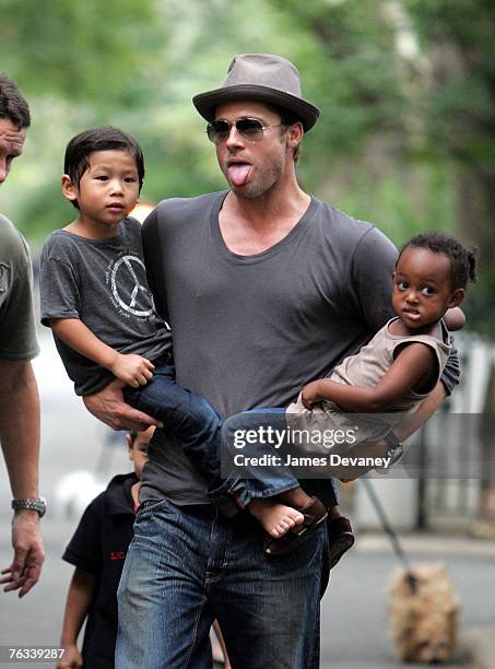 Brad Pitt visits playground with children Zahara Jolie-Pitt, Pax Jolie-Pitt and Maddox Jolie-Pitt in New York City on August 26, 2007.