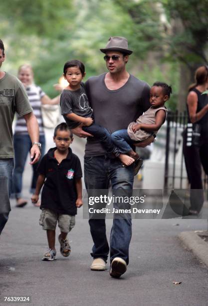 Brad Pitt visits playground with children Zahara Jolie-Pitt, Pax Jolie-Pitt and Maddox Jolie-Pitt in New York City on August 26, 2007.