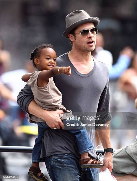 Brad Pitt visits playground with children Zahara Jolie-Pitt, Pax Jolie-Pitt and Maddox Jolie-Pitt in New York City on August 26, 2007.