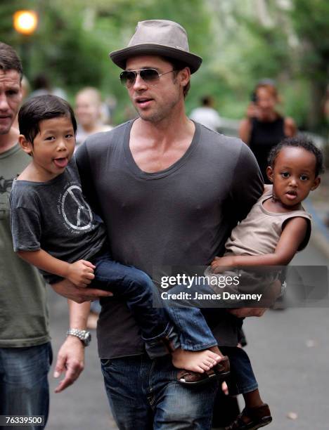 Brad Pitt visits playground with children Zahara Jolie-Pitt, Pax Jolie-Pitt and Maddox Jolie-Pitt in New York City on August 26, 2007.