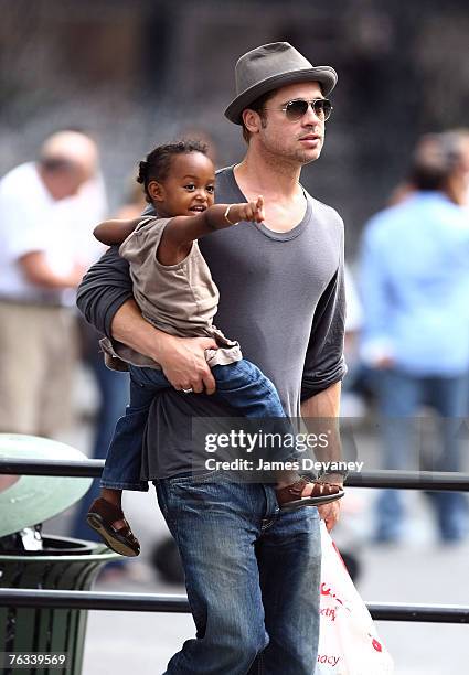 Brad Pitt visits playground with children Zahara Jolie-Pitt, Pax Jolie-Pitt and Maddox Jolie-Pitt in New York City on August 26, 2007.