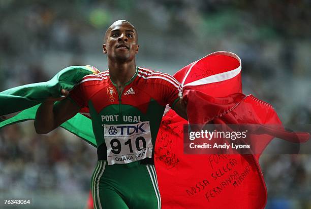 Nelson Evora of Portugal celebrates winning the Men's Triple Jump Final on day three of the 11th IAAF World Athletics Championships on August 27,...