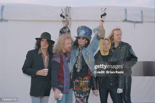 American rock band Aerosmith posed together at the 1994 Monsters of Rock festival at Castle Donington in Leicestershire, England on 4th June 1994....