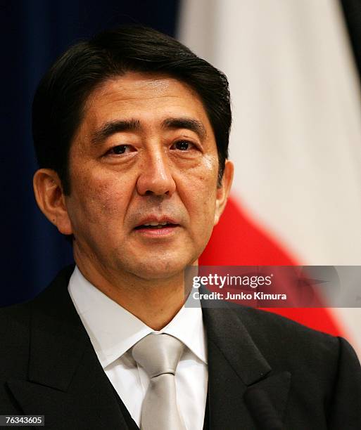 Japanese Prime Minister Shinzo Abe speaks during a press conference at the Prime Minister's official residence on August 27, 2007 in Tokyo, Japan....