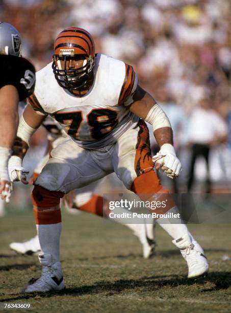 Offensive tackle Anthony Munoz of the Cincinnati Bengals during a 7 to 28 loss tor the Los Angeles Raiders on November 6, 1989 at Los Angeles...