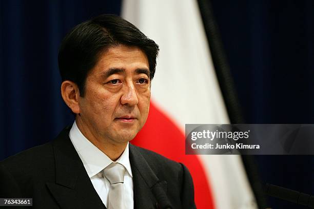 Japanese Prime Minister Shinzo Abe speaks during a press conference at the Prime Minister's official residence on August 27, 2007 in Tokyo, Japan....