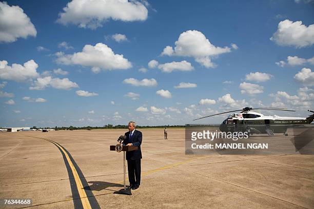 President George W. Bush comments on the resignation of Attorney General Alberto Gonzales 27 August 2007 on the tarmac of the Texas State Technical...