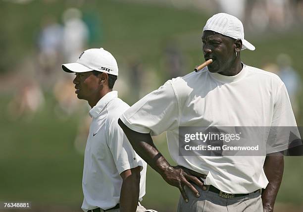 Michael Jordan and Tiger Woods during the Pro-Am prior to the 2007 Wachovia Championship held at Quail Hollow Country Club in Charlotte, North...