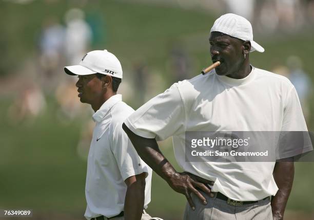 Michael Jordan and Tiger Woods during the Pro-Am prior to the 2007 Wachovia Championship held at Quail Hollow Country Club in Charlotte, North...