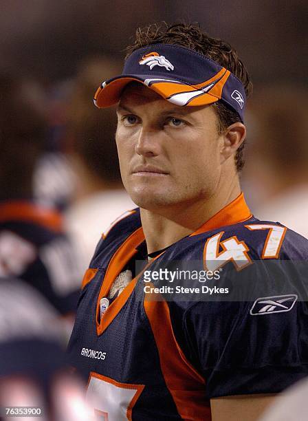 Safety John Lynch of the Denver Broncos looks on from the sidelines during the pre-season football game against the Cleveland Browns on August 25,...