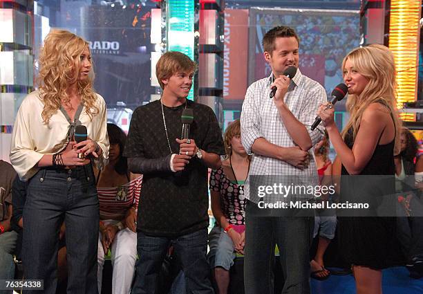 Singers Alyson Ranae "Aly" Michalka and Amanda Joy "AJ" Michalka of Aly & AJ and skateboarder Ryan Sheckler talk to MTV VJ Damien Fahey during MTV's...