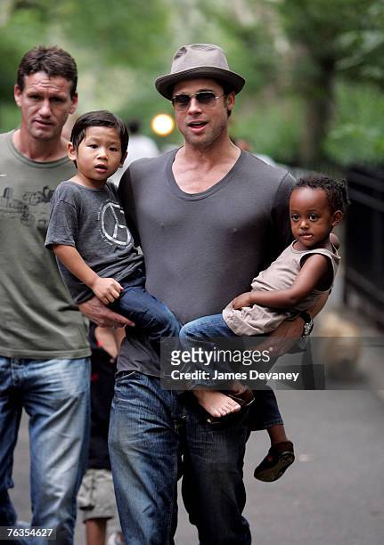 Brad Pitt visits playground with children Zahara Jolie-Pitt, Pax Jolie-Pitt and Maddox Jolie-Pitt in New York City on August 26, 2007.