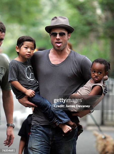 Brad Pitt visits playground with children Zahara Jolie-Pitt, Pax Jolie-Pitt and Maddox Jolie-Pitt in New York City on August 26, 2007.