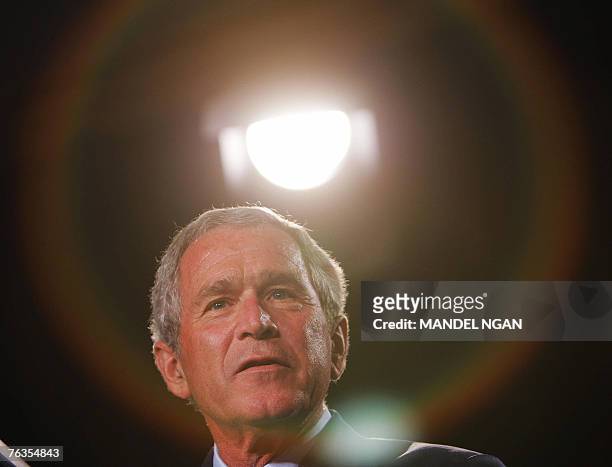 President George W. Bush speaks during a fundraiser for Representative Dave Reichert and the Washington State Republican Party at the Hyatt Regency...