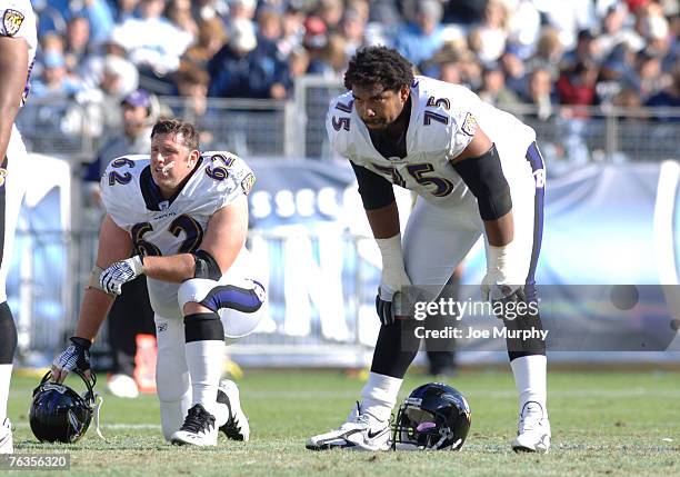 Mike Flynn and Jonathan Ogden of the Baltimore Ravens during a game between the Baltimore Ravens and Tennessee Titans at LP Field in Nashville,...