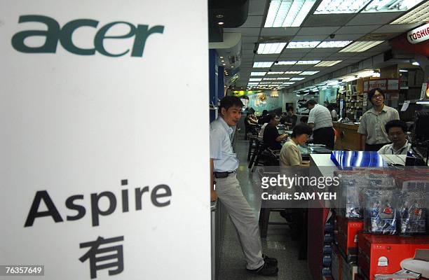 An Acer logo is displayed outside a local computer store in Taipei, 28 August 2007. Shares in Taiwanese computer vendor Acer tumbled 7.0 percent as...