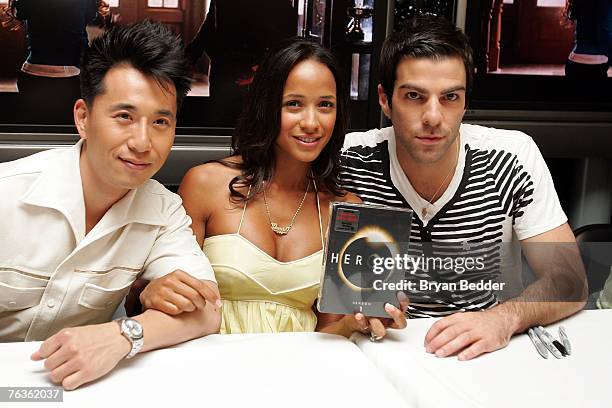 Actors James Kyson Lee, Dania Ramirez and Zachary Quinto attend the NBC Universal celabration for the DVD realease of "Heroes: Season 1" at the NBC...