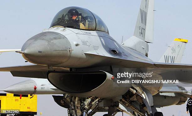 In this file photograph dated 09 February 2007, a US made F-16 aircraft moves towards the runway before taking off during the third day of the Aero...