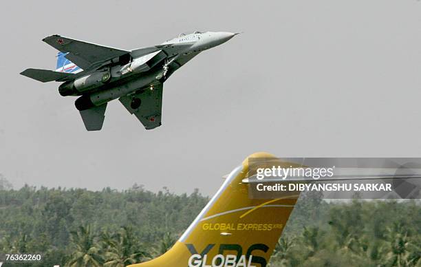 In this file photograph dated 10 February 2007, a Russian made MiG-35 takes off during the fourth day of Aero India 2007 at The Yelahanka Air Force...