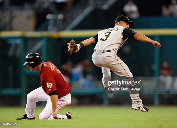 Chris Burke of the Houston Astros slides under shortstop Cesar Izturis of the Pittsburg Pirates in an attempt to break up a double play during the...