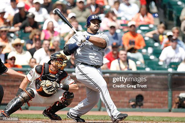 First baseman Prince Fielder of the Milwaukee Brewers bats during a Major League Baseball game against the San Francisco Giants on August 26, 2007 at...
