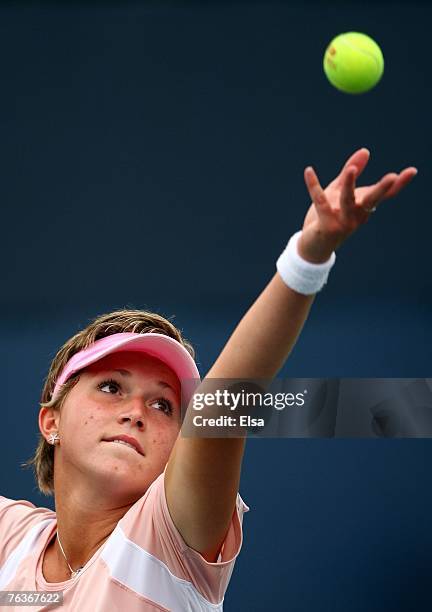 Michaella Krajicek of the Netherlands serves Alberta Brianti of Italy during day two of the 2007 U.S. Open at the Billie Jean King National Tennis...