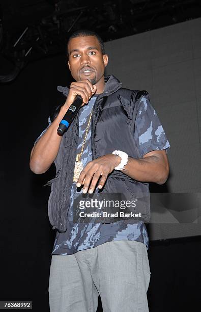 Hip-hop artist Kanye West speaks at the Kanye West listening party at New World Stages on August 28, 2007 in New York City.