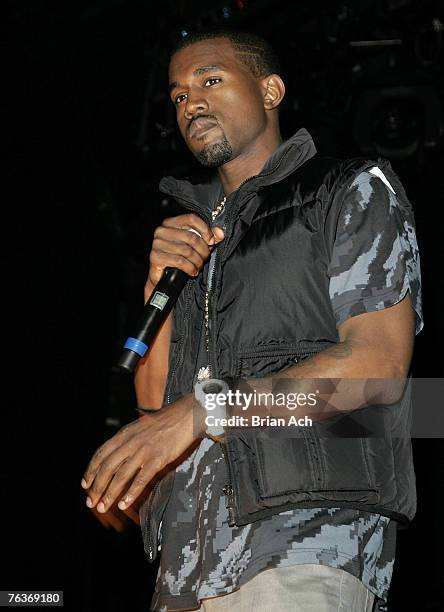 Hip Hop artist Kanye West speaks to the invited audience before his listening party on August 28, 2007 at New World Stages in New York City.