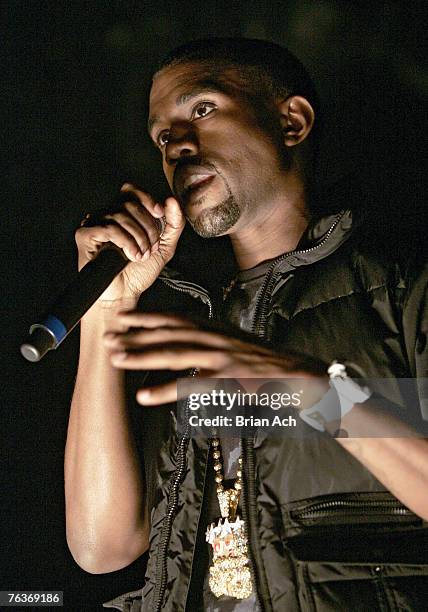 Hip Hop artist Kanye West speaks to the invited audience before his listening party on August 28, 2007 at New World Stages in New York City.