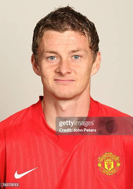 Ole Gunnar Solskjaer of Manchester United poses during the club's annual pre-season photocall at Carrington Training Ground on August 17 2007 in...