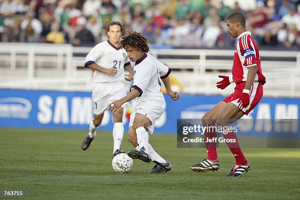 Cobi Jones of the USA controls the ball during the first round of the CONCACAF Gold Cup against Cuba on January 21, 2002 at the Rose Bowl in...